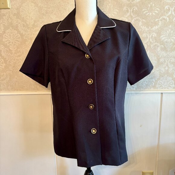 Cute 80s Black with White‎ Piping Detail Short Sleeve Button Blouse Medium M - Picture 1 of 9